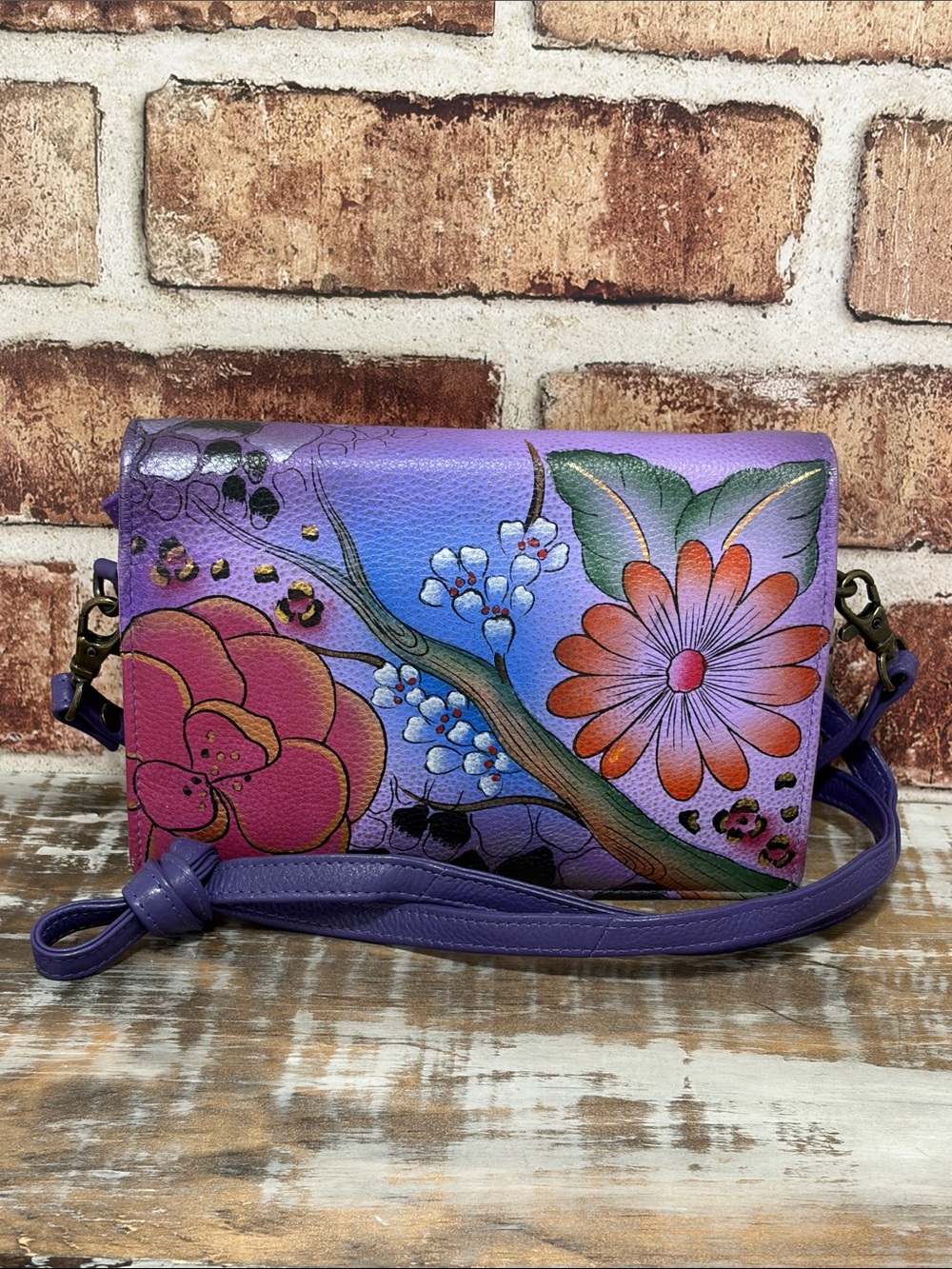 Anuschka Purple Floral Leather Convertible Crossbody Clutch - NWOT